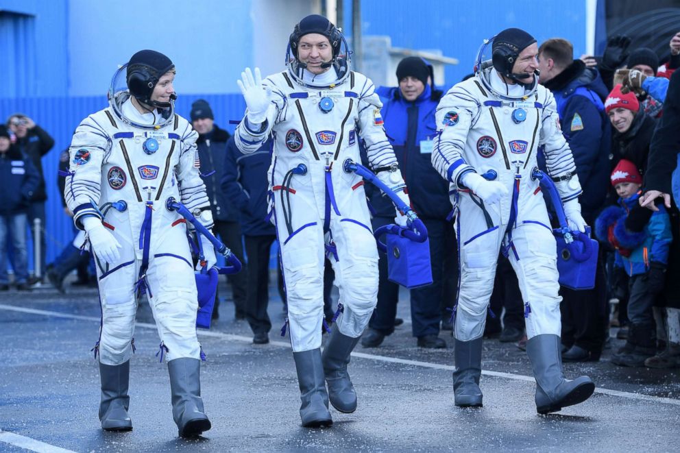 PHOTO: NASA astronaut Anne McClain, Russian cosmonaut Oleg Kononenko and David Saint-Jacques of the Canadian Space Agency prior to the launchof the Soyuz MS-11 spacecraft at the Russian-leased Baikonur cosmodrome in Kazakhstan, Dec. 3, 2018. 