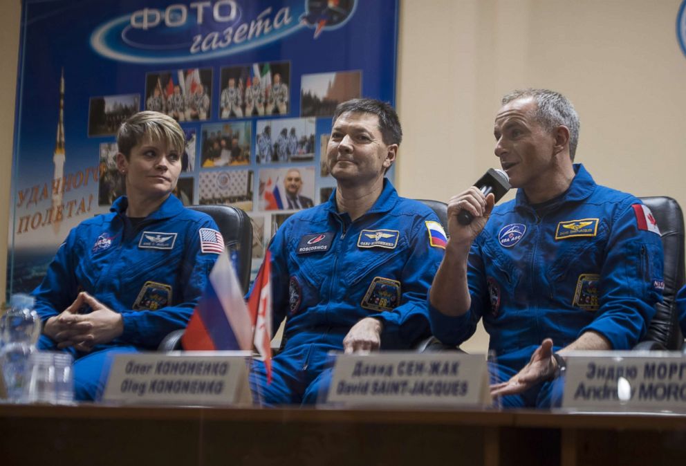 PHOTO: Expedition 58 Flight Engineer David Saint-Jacques answers a question during a press conference, Dec, 2, 2018, at the Cosmonaut Hotel in Baikonur, Kazakhstan.