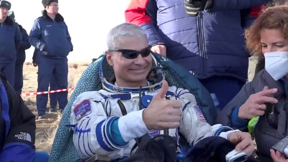 PHOTO: The International Space Station crew member NASA astronaut Mark Vande Hei rests after landing with the Soyuz MS-19 space capsule in a remote area outside Zhezkazgan, Kazakhstan, March 30, 2022.