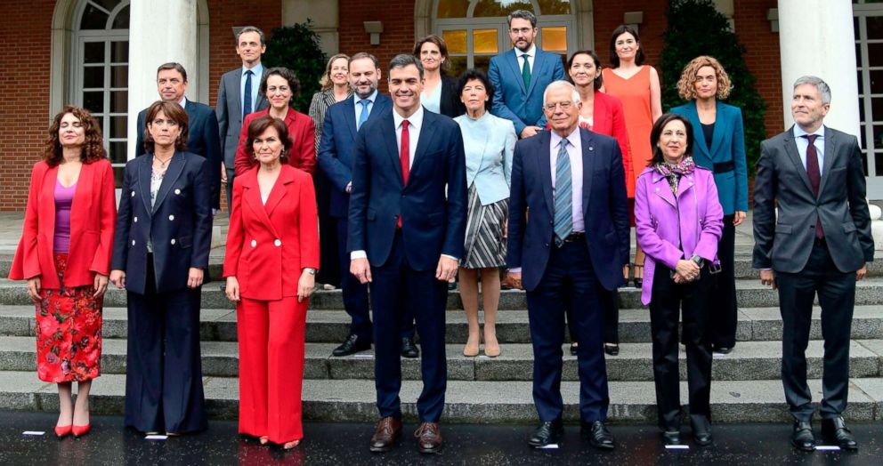 PHOTO: The Spanish governmental cabinet pose for the press after their first meeting at the Moncloa Palace, June 8, 2018, in Madrid, Spain.