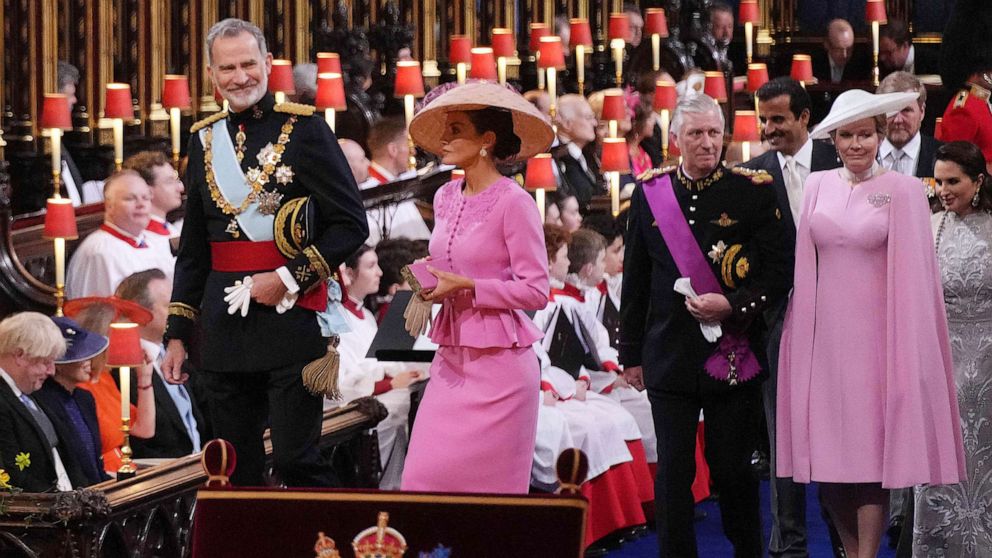 PHOTO: King Felipe VI and Queen Letizia of Spain, and King Willem-Alexander and Queen Maxima of the Netherlands arrive at Westminster Abbey in central London, May 6, 2023, ahead of the coronations of Britain's King Charles III.
