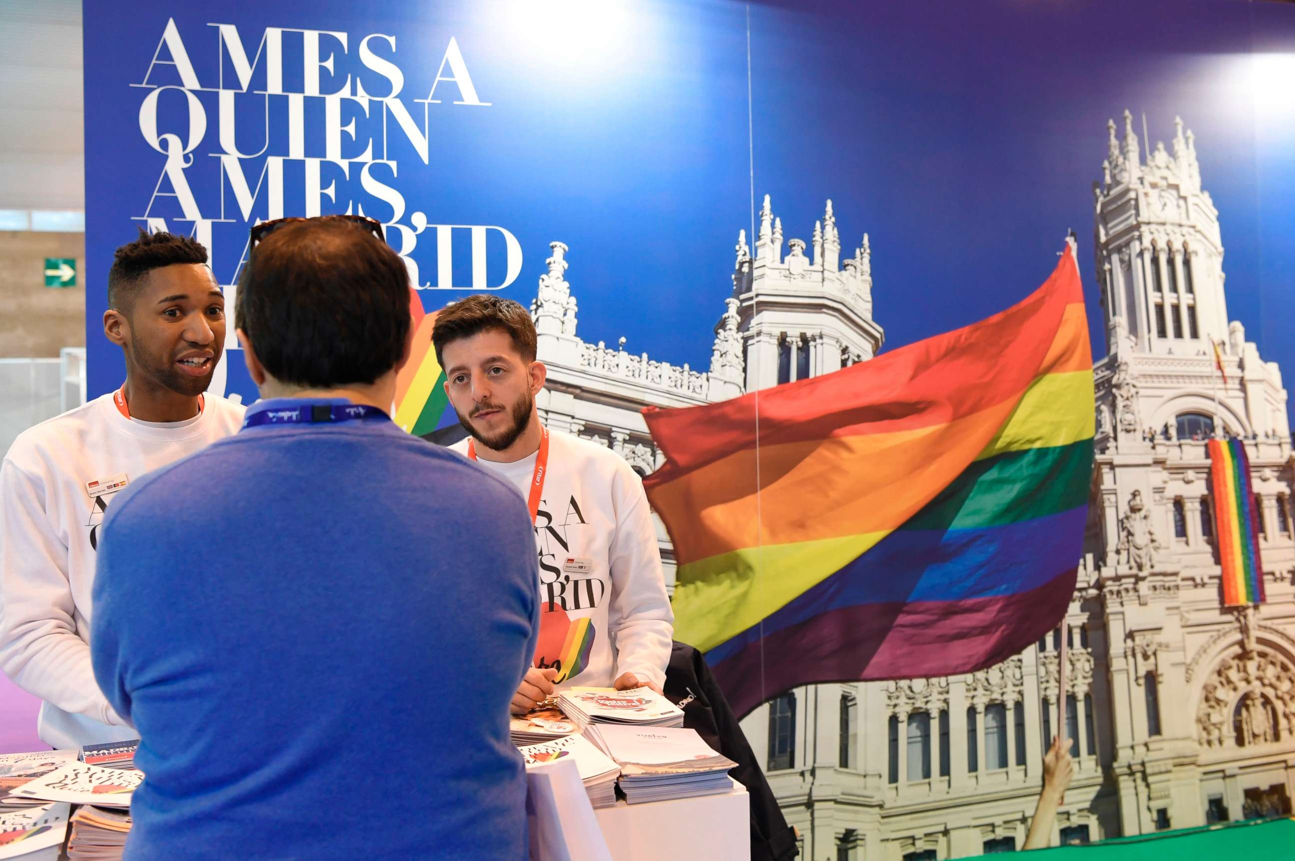 PHOTO: Men stand at the Madrid LGBT stand during the International Tourism Fair in Madrid on Jan. 17, 2018.