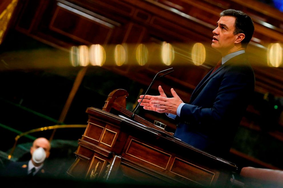 PHOTO: Spanish Prime Minister Pedro Sanchez delivers a speech during the plenary session at the lower chamber of Spanish Parliament in Madrid on April 9, 2020, amid a national lockdown to prevent the spread of the novel coronavirus.