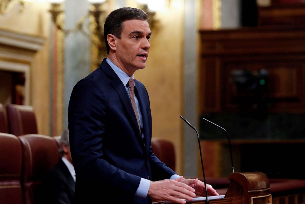 PHOTO: Spanish Prime Minister Pedro Sanchez delivers a speech during a session to debate the extension of a national lockdown to curb the spread of the novel coronavirus at the Lower Chamber of the Spanish parliament in Madrid on May 6, 2020.