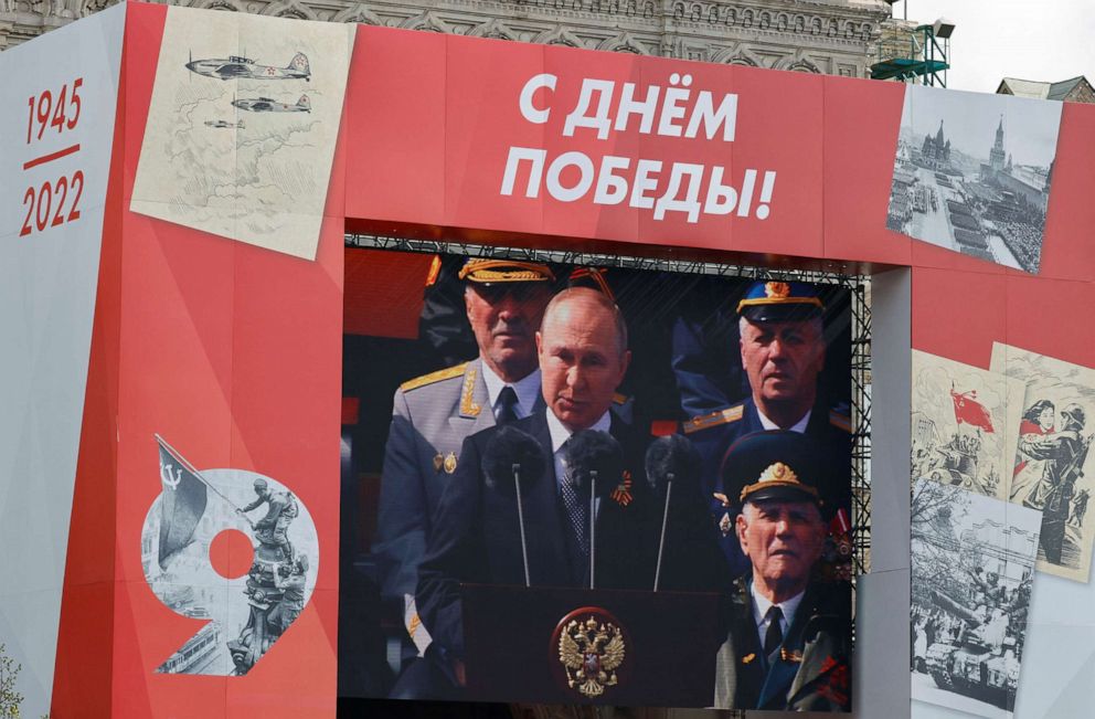 PHOTO: Russian President Vladimir Putin is seen on an electronic screen while delivering a speech during a military parade on Victory Day in Red Square in central Moscow, Russia, May 9, 2022.
