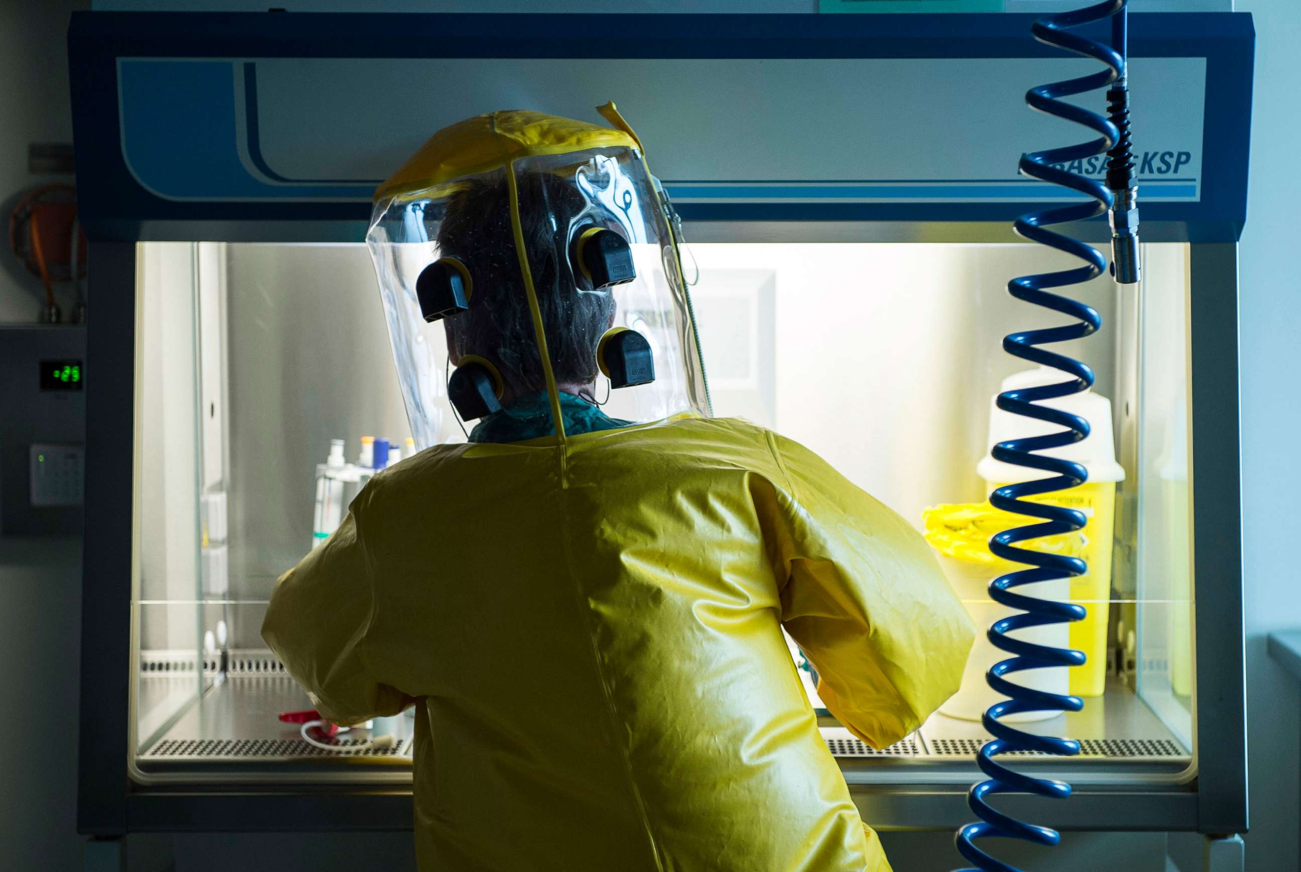 PHOTO: In this file photo, Nov. 19, 2014, a virologist works inside the Spiez Laboratory that conducts chemical weapons tests in Spiez, Switzerland.