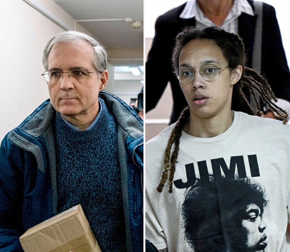 PHOTO: Paul Whelan is escorted for a hearing to decide to extend his detention at the Lefortovo Court in Moscow, Oct. 24, 2019; Brittney Griner arrives to a hearing at the Khimki Court, outside Moscow on July 1, 2022.