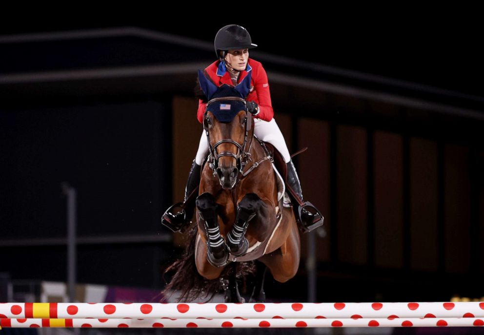 PHOTO: Jessica Springsteen, with her horse Don Juan Van De Donkhoeve competes in the team jumping qualifiers on Aug. 6, 2021, in Tokyo, Japan.