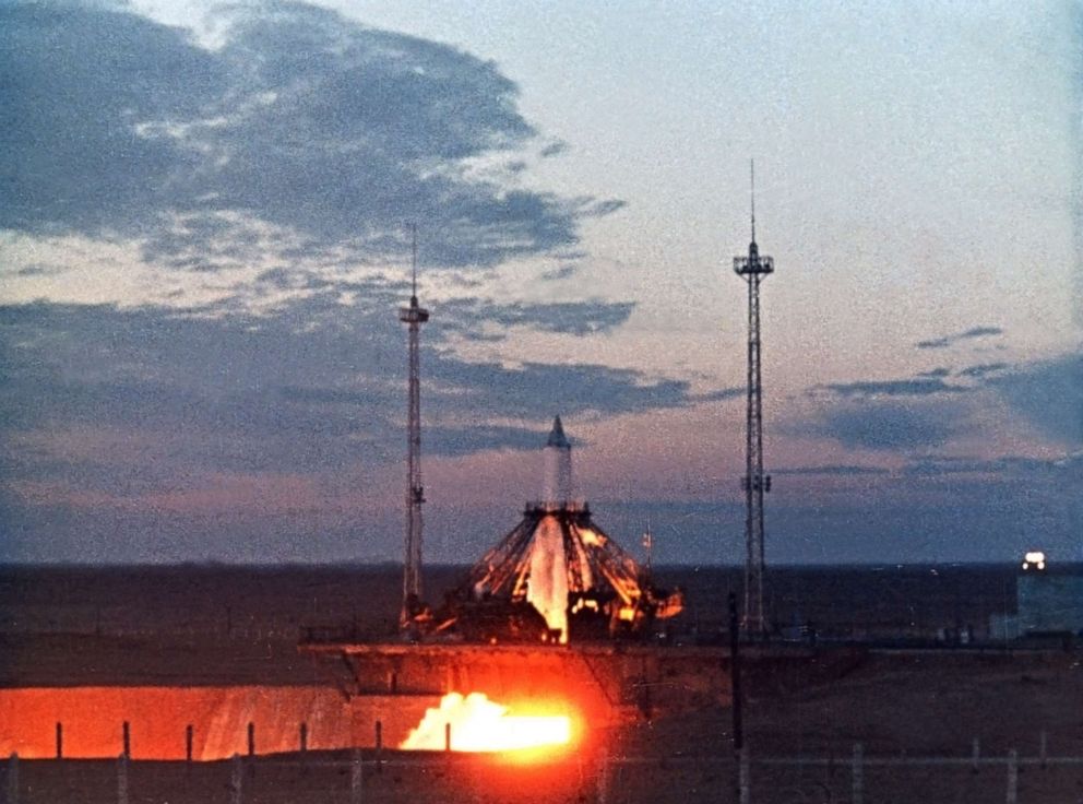 PHOTO: Launch of a rocket bearing the soviet space satellite, sputnik 1 in 1957. (Photo by: Sovfoto/Universal Images Group via Getty Images)