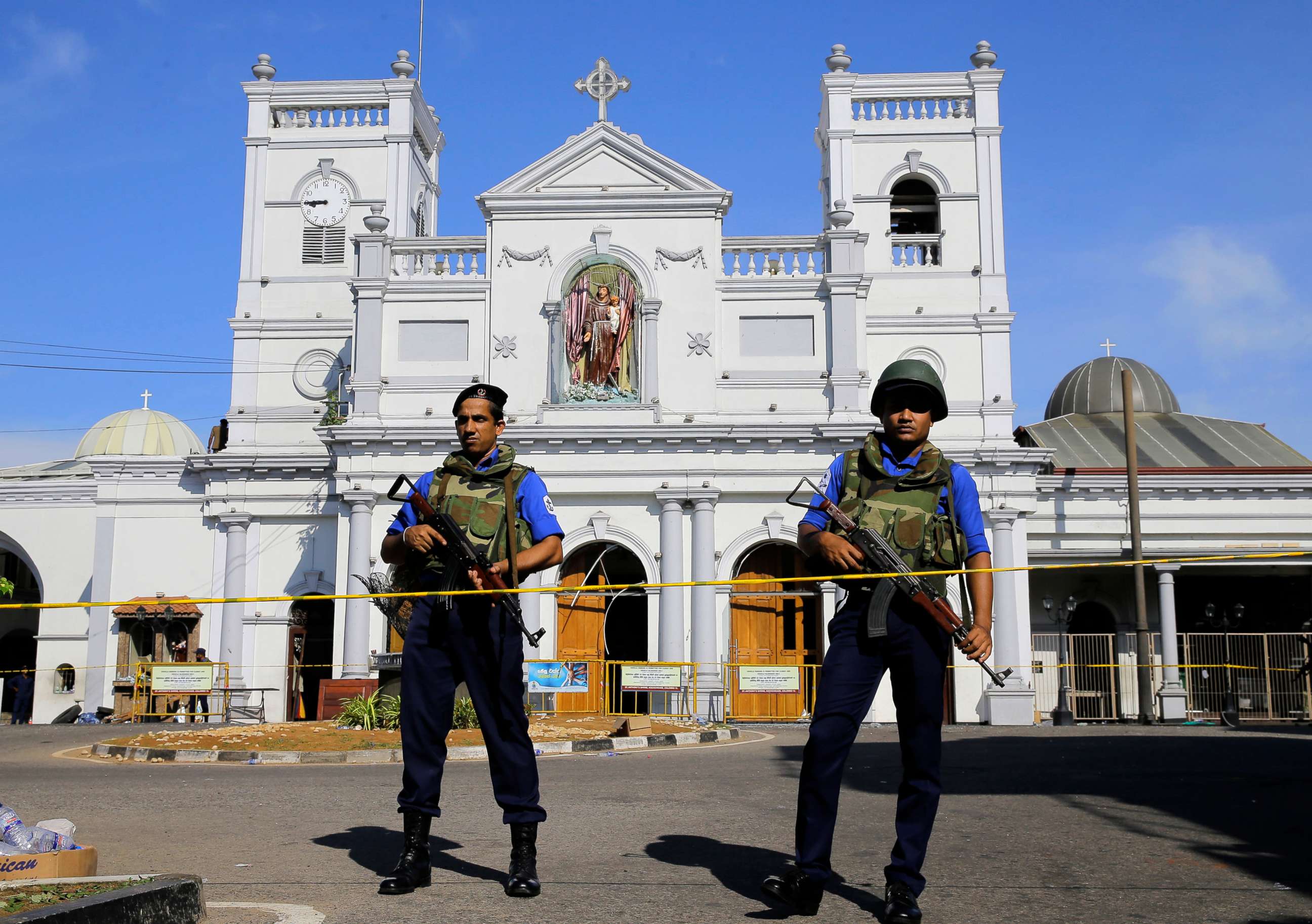 PHOTO: Sri Lankan Navy soldiers stand guard in front of the St. Anthony's Shrine a day after the series of blasts, in Colombo, Sri Lanka, April 22, 2019.