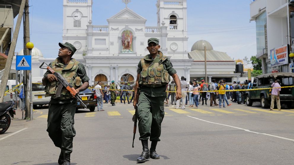  ri Lankan Army soldiers secure the area around St. Anthony's Shrine after a blast in Colombo, Sri Lanka, Sunday, April 21, 2019.
     