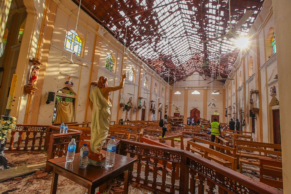 PHOTO: A view of St. Sebastian's Church damaged in blast in Negombo, north of Colombo, Sri Lanka, April 21, 2019. 