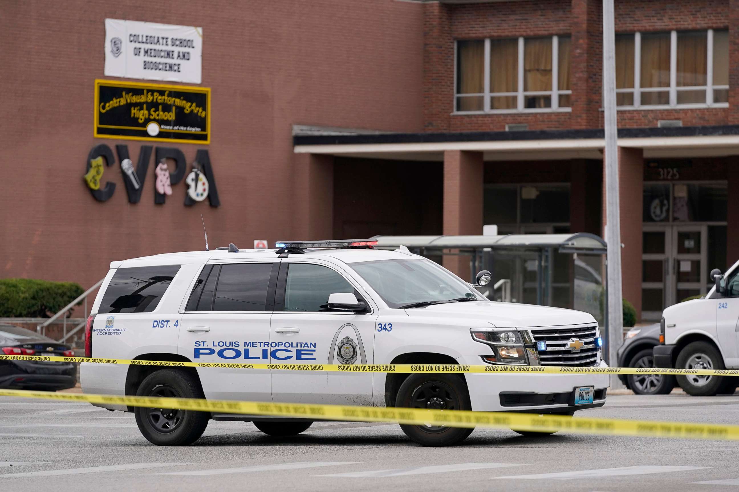 PHOTO: Law enforcement investigate the scene of a shooting at Central Visual and Performing Arts High School, on Oct. 24, 2022, in St. Louis.