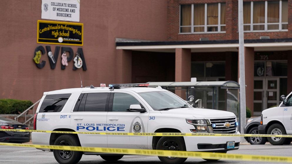 PHOTO: Law enforcement investigate the scene of a shooting at Central Visual and Performing Arts High School, on Oct. 24, 2022, in St. Louis.