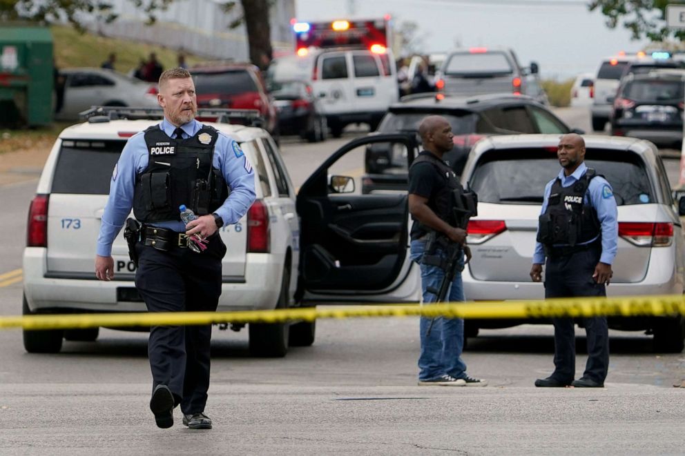 PHOTO: Law enforcement investigate the scene of a shooting at Central Visual and Performing Arts High School, on Oct. 24, 2022, in St. Louis.