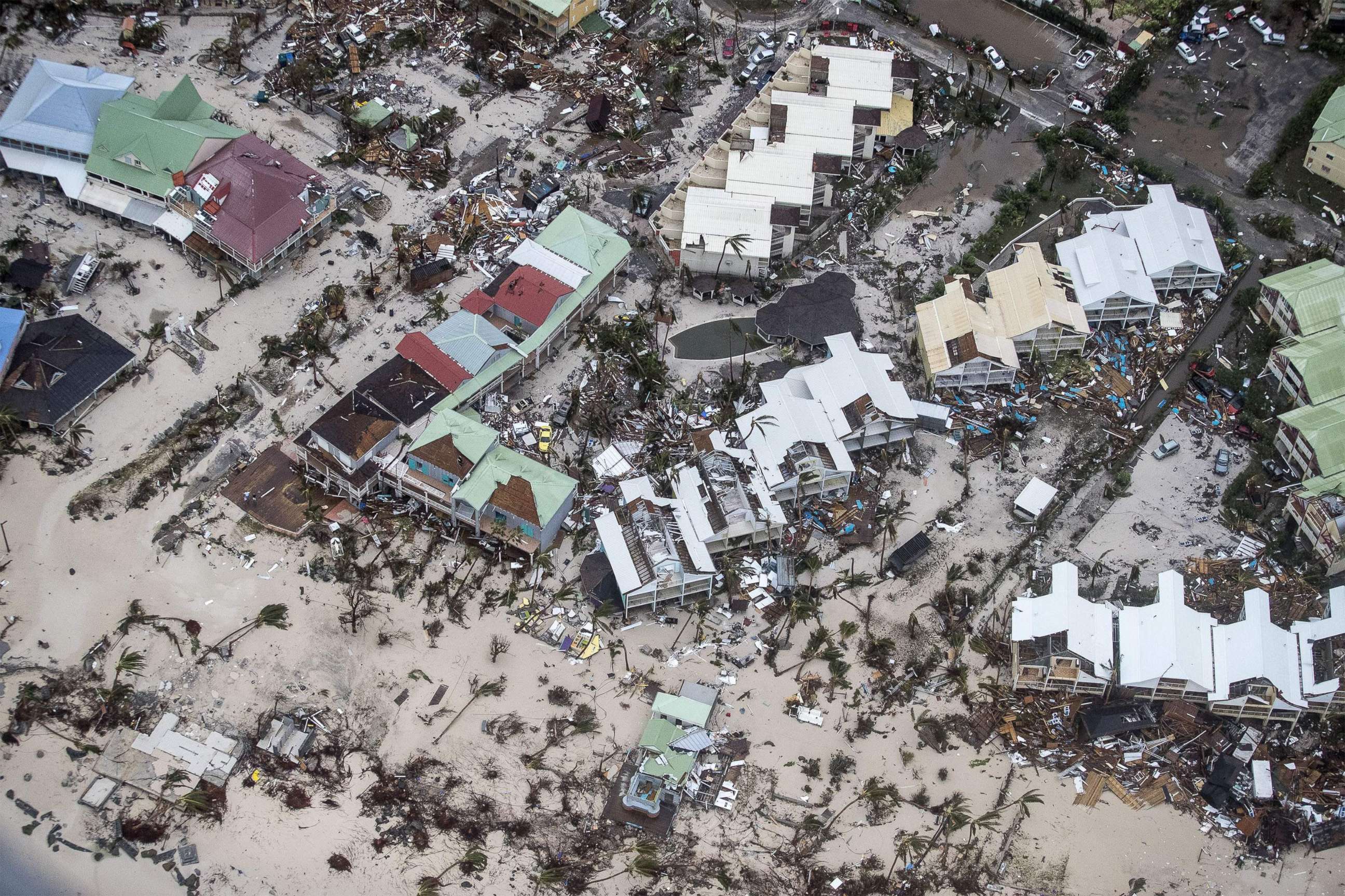 PHOTO: An aerial photography taken and released by the Dutch department of Defense, Sept. 6, 2017, shows the damage of Hurricane Irma in Philipsburg, on the Dutch Caribbean island of Sint Maarten.