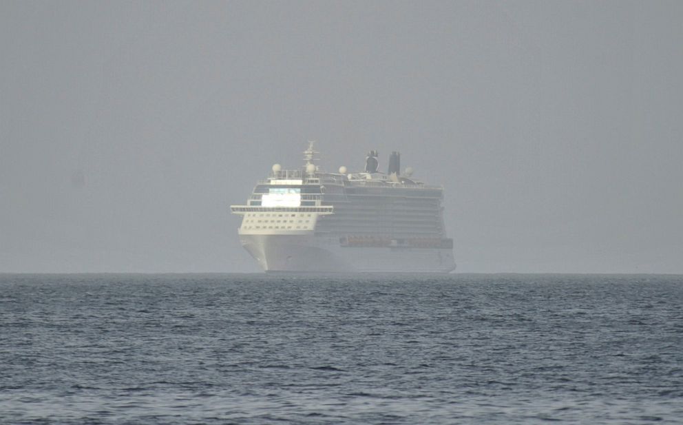 PHOTO: A cruise ship arrives in Kingstown harbour to assist with the evacuation process following the eruption of La Soufriere volcano on the eastern Caribbean island of St. Vincent, April 9, 2021.