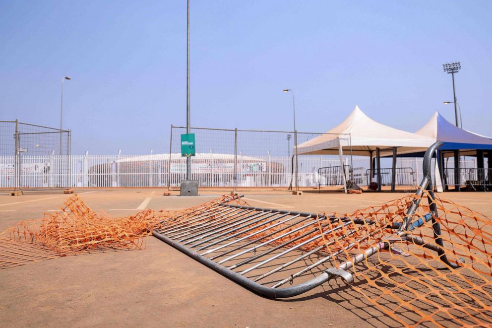 PHOTO: This picture taken on Jan. 25, 2022, at the entrance of Olembe Stadium in Yaounde, Cameroon, shows barriers on the ground at the scene of a deadly stampede that occurred on Jan. 24, 2022.