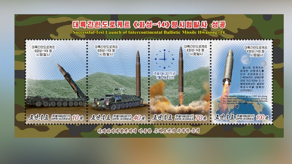 PHOTO: A new stamp issued in commemoration of the successful test launch of the "Hwasong-14" intercontinental ballistic missile is seen in this undated photo released by North Korea's Korean Central News Agency in Pyongyang, Aug. 8, 2017.