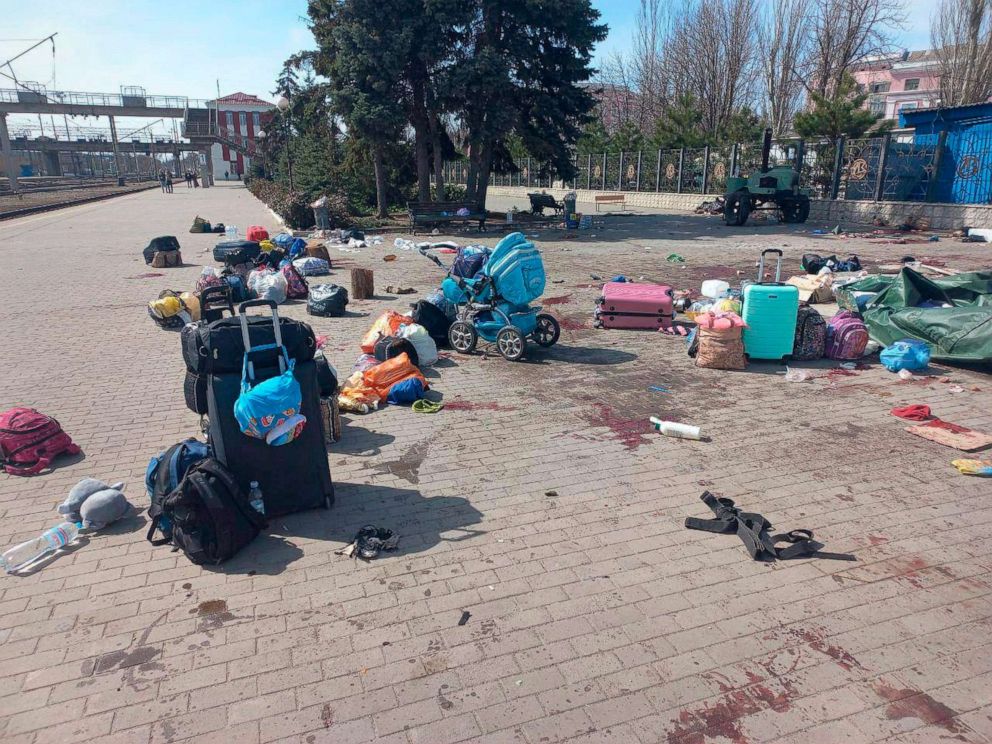 PHOTO: A photo published on Ukrainian President Volodymyr Zelenskyy's Telegram channel, shows blood stains among bags and a baby carriage at the railway station in Kramatorsk, Ukraine, April 8, 2022.