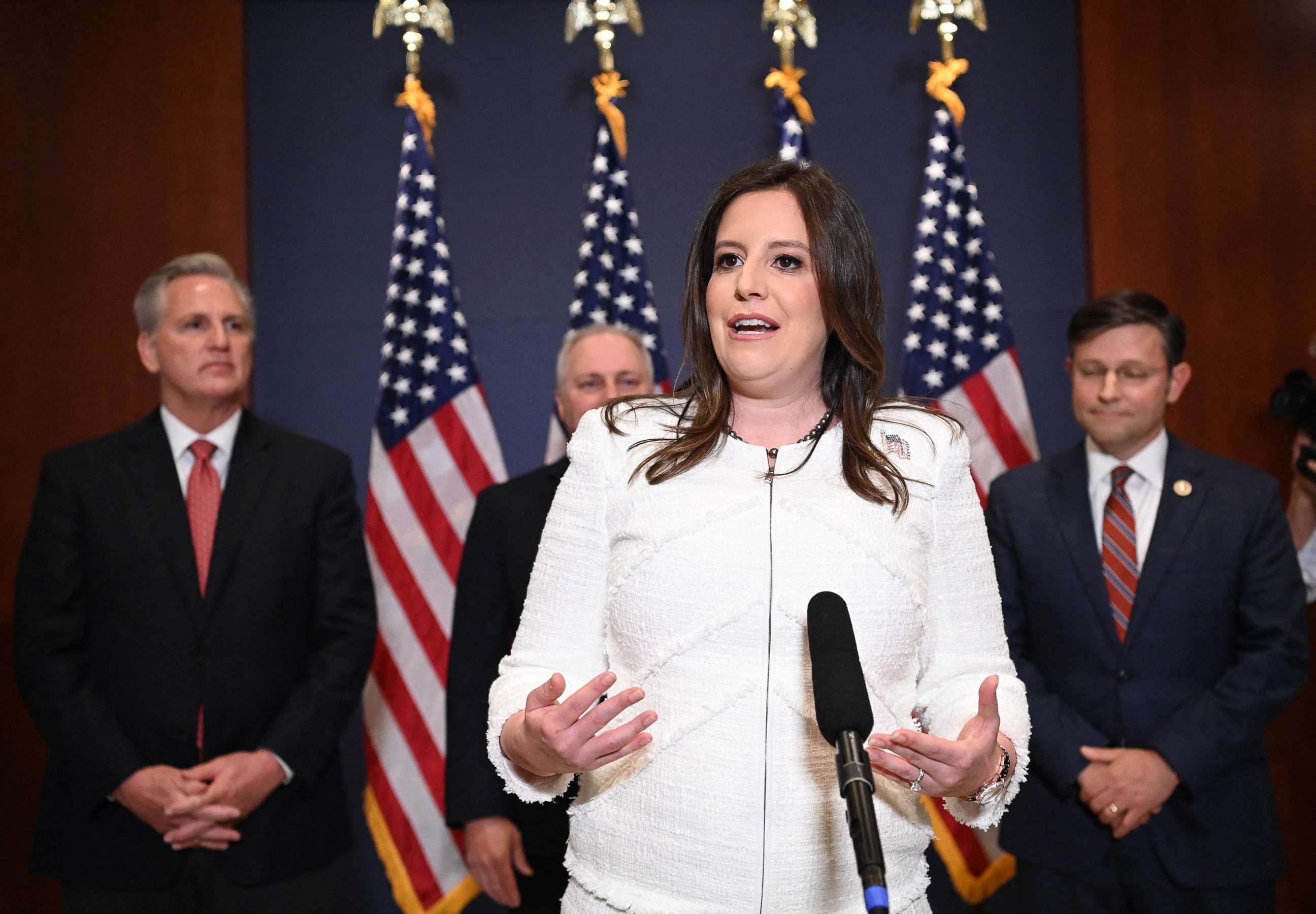 PHOTO: Rep. Elise Stefanik speaks to reporters after House Republicans voted for her as their conference chairperson at the US Capitol in Washington on May 14, 2021.