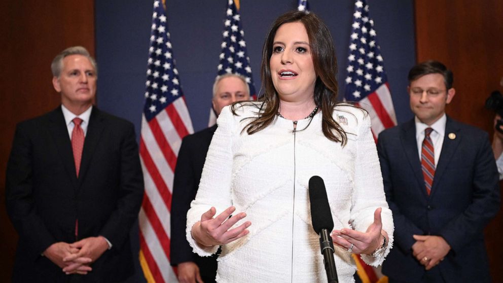 PHOTO: Rep. Elise Stefanik speaks to reporters after House Republicans voted for her as their conference chairperson at the US Capitol in Washington on May 14, 2021.