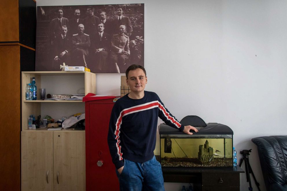 PHOTO: Stepan Svetlov poses at the Belarusian community center that hosts his office office in Warsaw, Poland, Sept. 2, 2020.