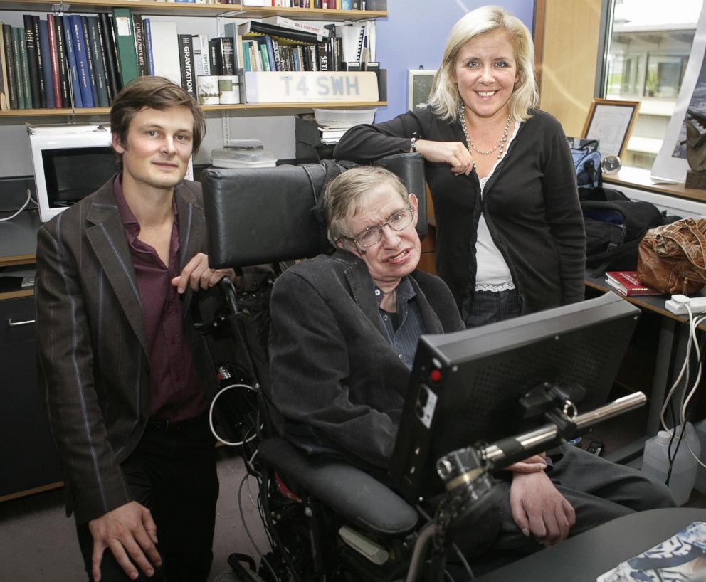 PHOTO: Christophe Galfard, Professor Stephen Hawking and his daughter Lucy pose for photographs in Professor Hawking's office at The Centre for Mathematical Sciences in Cambridge, in central England, Sept. 3, 2007.