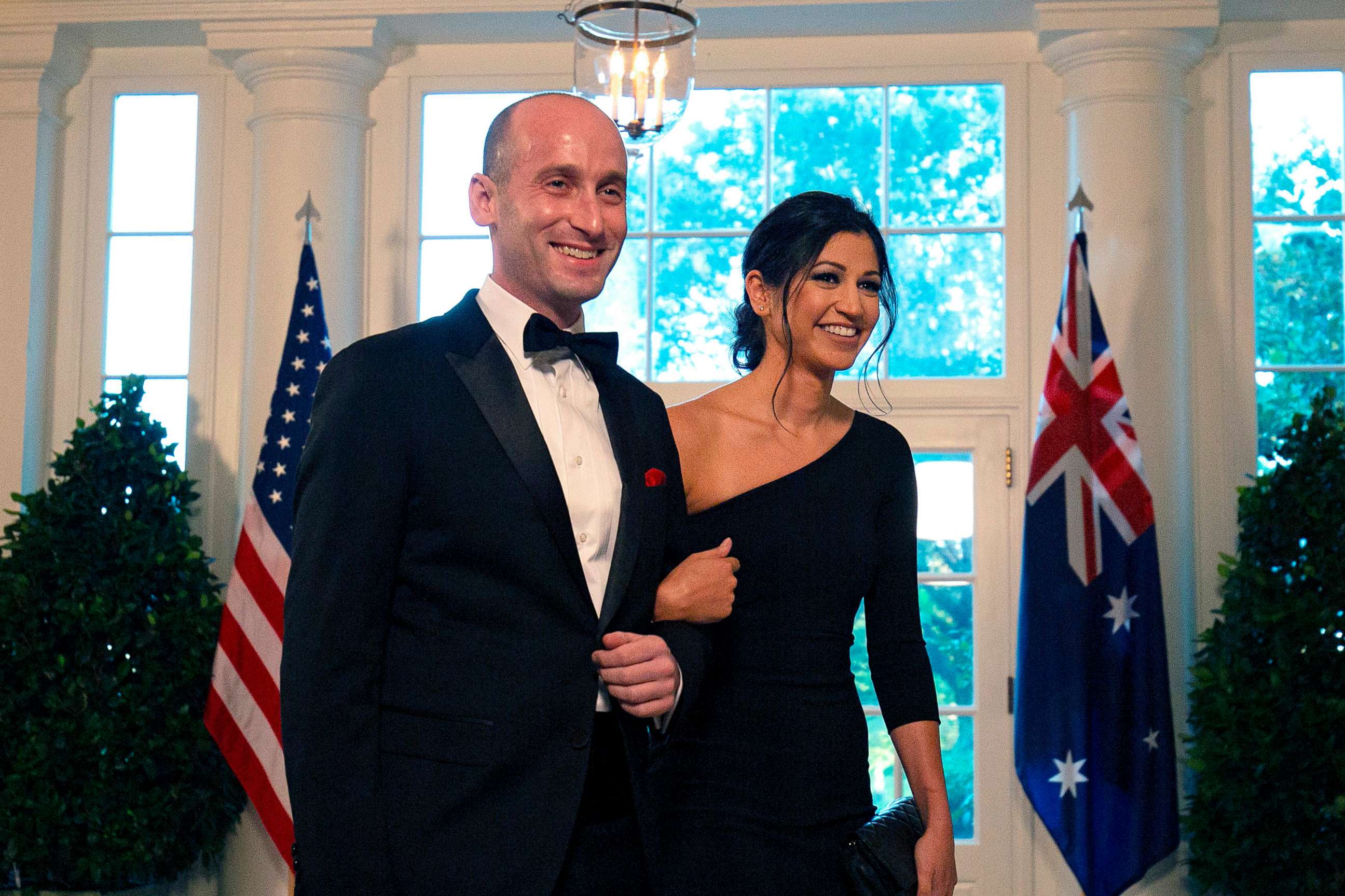 PHOTO: White House Senior Advisor Stephen Miller and Katie Waldman arrive in the Booksellers area of the White House to attend an Official Visit with a State Dinner honoring Australian Prime Minister Scott Morrison, in Washington, Sept. 20, 2019.