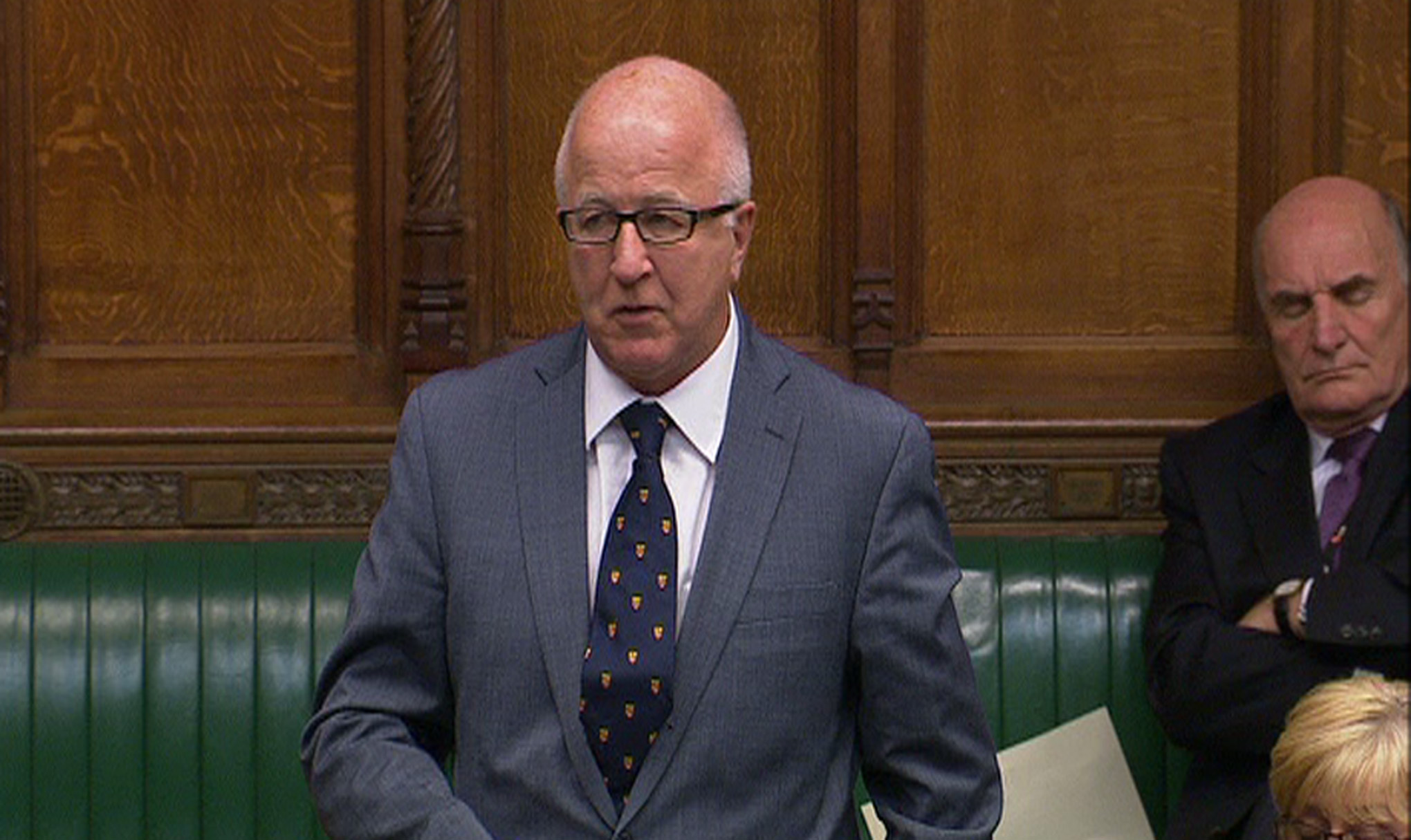 PHOTO: In the file photo, Labour MP Stephen Pound (right) appears to doze off while colleague Denis MacShane speaks in the House of Commons, during an emergency debate on Afghanistan, Sept. 18, 2012 in London.