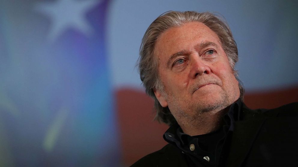 PHOTO: In this May 22, 2018, file photo, Steve Bannon, former White House Chief Strategist to President Donald Trump, attends a debate with Lanny Davis, former special counsel to Bill Clinton, in Prague, Czech Republic.