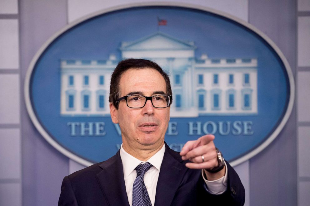 PHOTO: Treasury Secretary Steven Mnuchin takes a question from a reporter after announcing the threat of sanctions on Turkey in the Briefing Room of the White House in Washington, Friday, Oct. 11, 2019. 