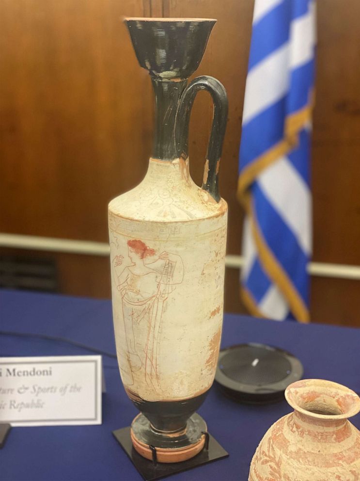PHOTO: Stolen Greek antiquities are on display at a repatriation ceremony at the Manhattan District Attorney's office in New York, on Feb. 23, 2022.