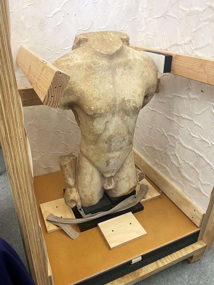 PHOTO: Stolen Greek antiquities are on display at a repatriation ceremony at the Manhattan District Attorney's office in New York, on Feb. 23, 2022.