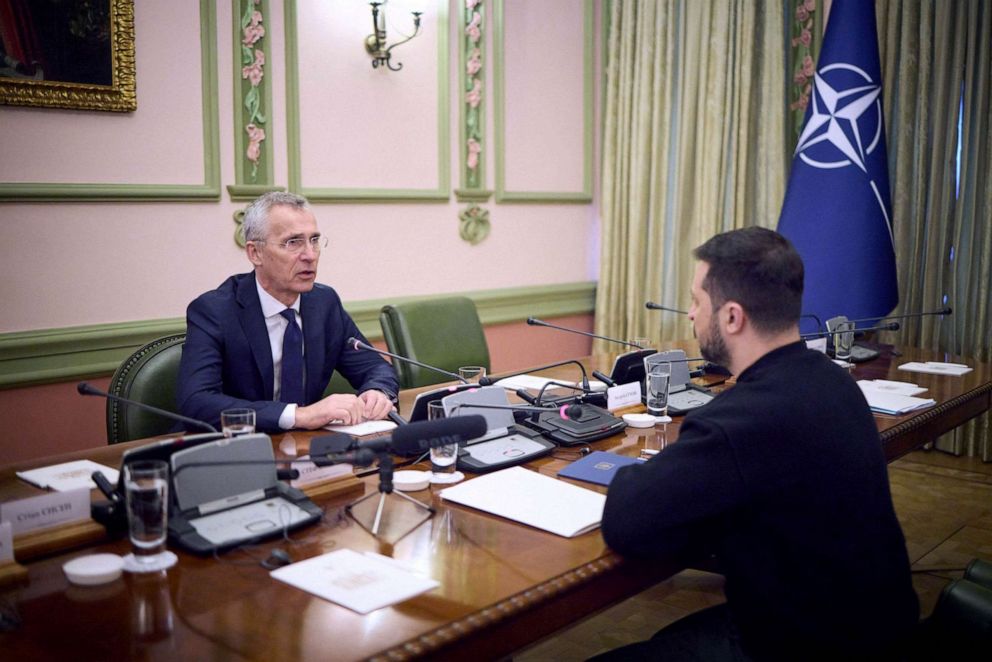 PHOTO: NATO Secretary General Jens Stoltenberg and Ukrainian President Volodymyr Zelensky speak during their meeting in Kyiv, April 20, 2023.