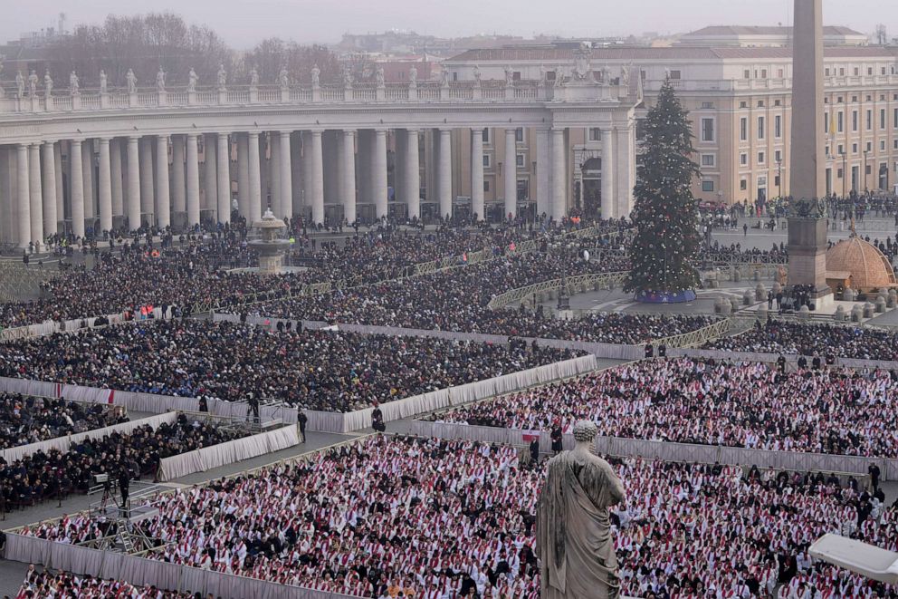 PHOTO: Faithfuls attend the funeral mass of the late Pope Benedict XVI in Saint Peter's Square in the Vatican, Thursday, January 5, 2023.