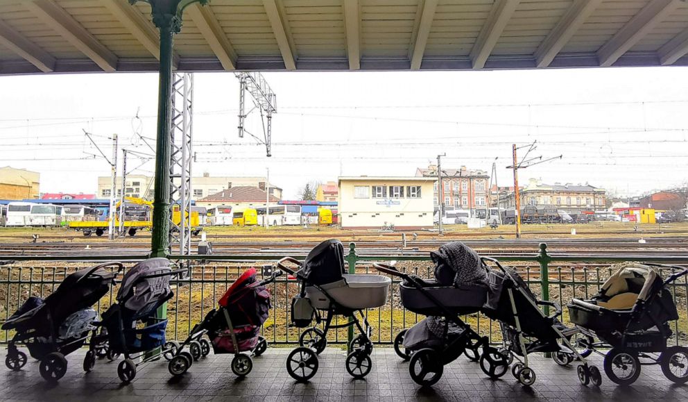 PHOTO:Strollers for refugees and their babies fleeing the conflict from neighboring Ukraine are left at the train station in Przemysl, Poland, March 2, 2022.