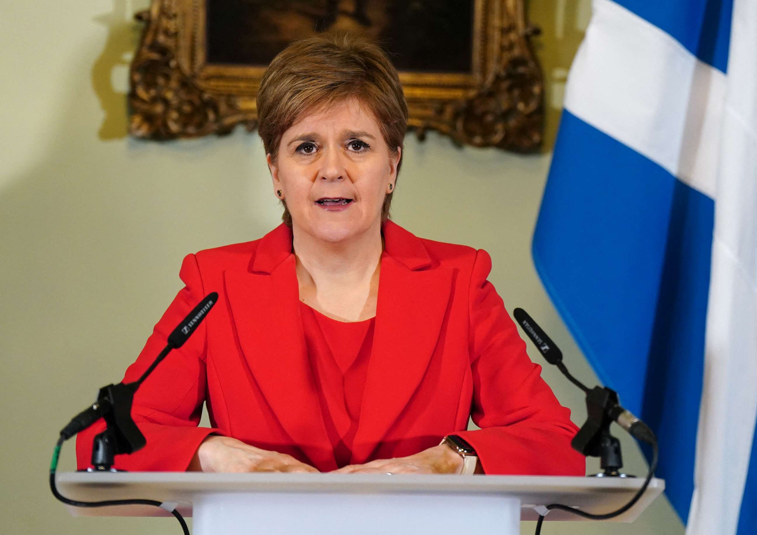 PHOTO: Scotland's First Minister, and leader of the Scottish National Party, Nicola Sturgeon, speaks during a press conference at Bute House in Edinburgh where she announced she will stand down as First Minister, in Edinburgh on Feb. 15, 2023.