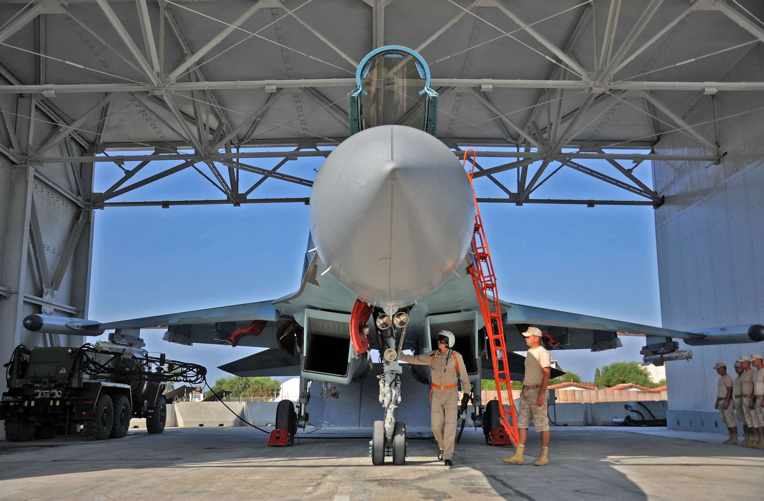 PHOTO: In this file photo taken on September 26, 2019, a Russian air force Sukhoi Su-35 fighter jet is prepared for take off at the Russian military base of Hmeimim, in Syria's Latakia governorate.