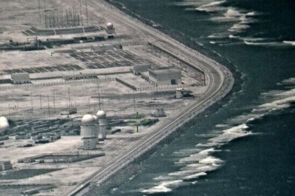 PHOTO: The U.S. Navy uses advanced cameras to monitor construction on islands in the South China Sea, such as on the Subi Reef, as seen in this image taken during a recent flight and provided by the Navy.