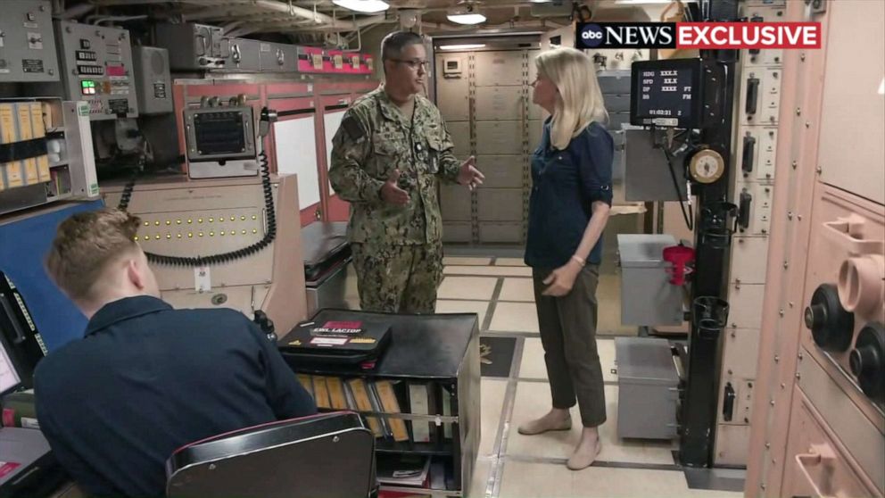 PHOTO: Commander Lee "Randy" Fike talks with ABC's Martha Raddatz aboard the USS Kentucky, a U.S. nuclear-armed submarine, anchored at the Busan Naval Base in Busan, South Korea, July 20, 2023.