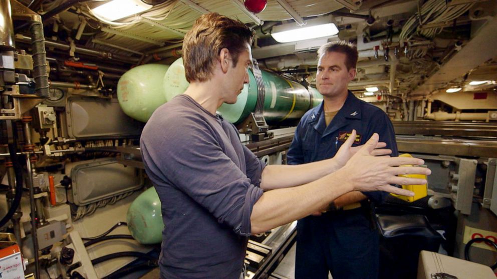 PHOTO: ABC News anchor David Muir speaks with Capt. Seth Burton aboard guided missile submarine USS Florida on the Mediterranean Sea.