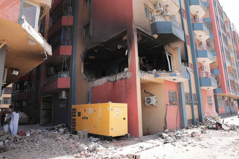 PHOTO: Residential buildings damaged in fighting are seen in Khartoum, Sudan, April 20, 2023.
