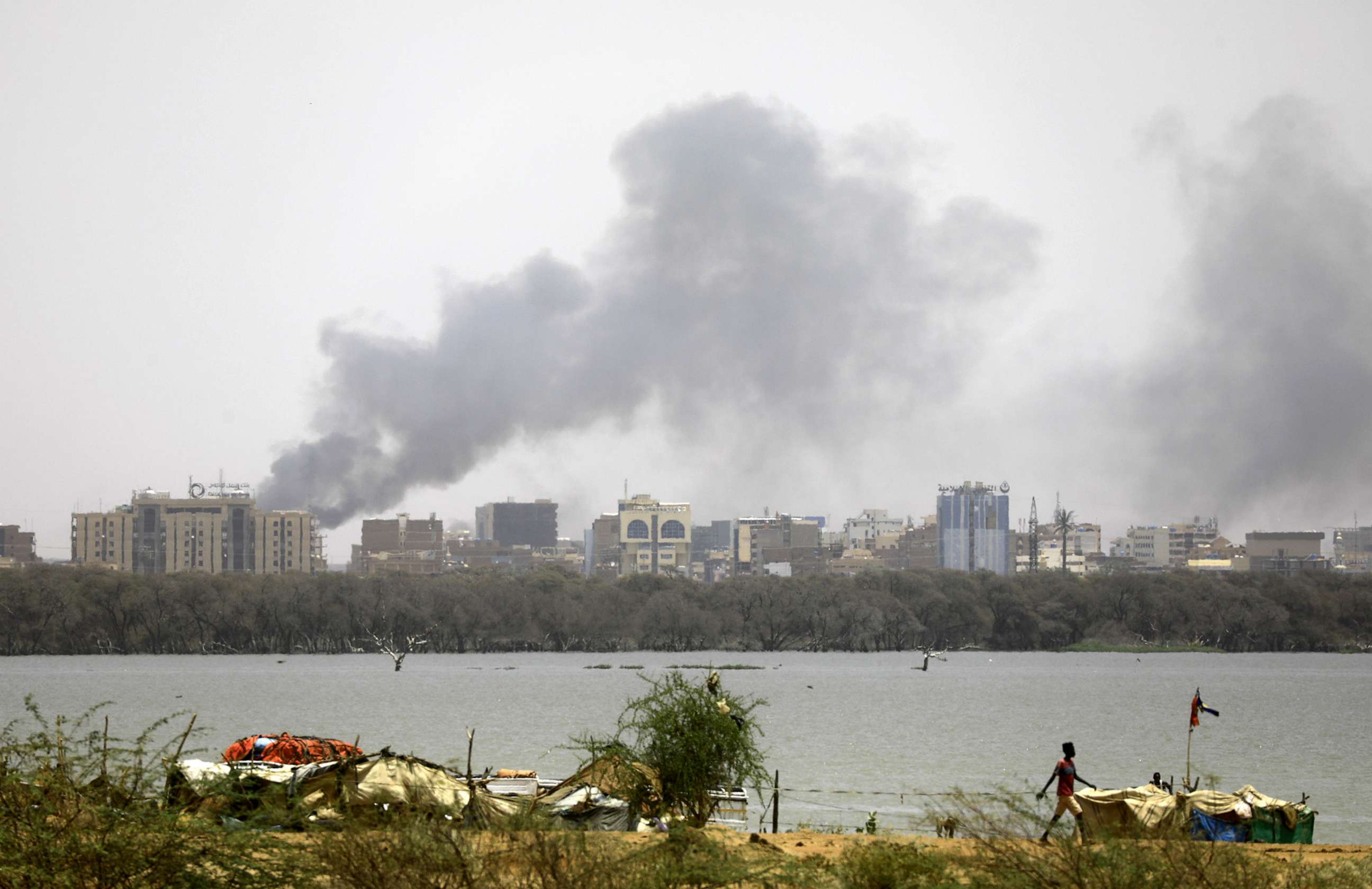 PHOTO: Smoke rises in Khartoum, Sudan, on April 15, 2023, as gunfire was heard in the Sudanese capitol.