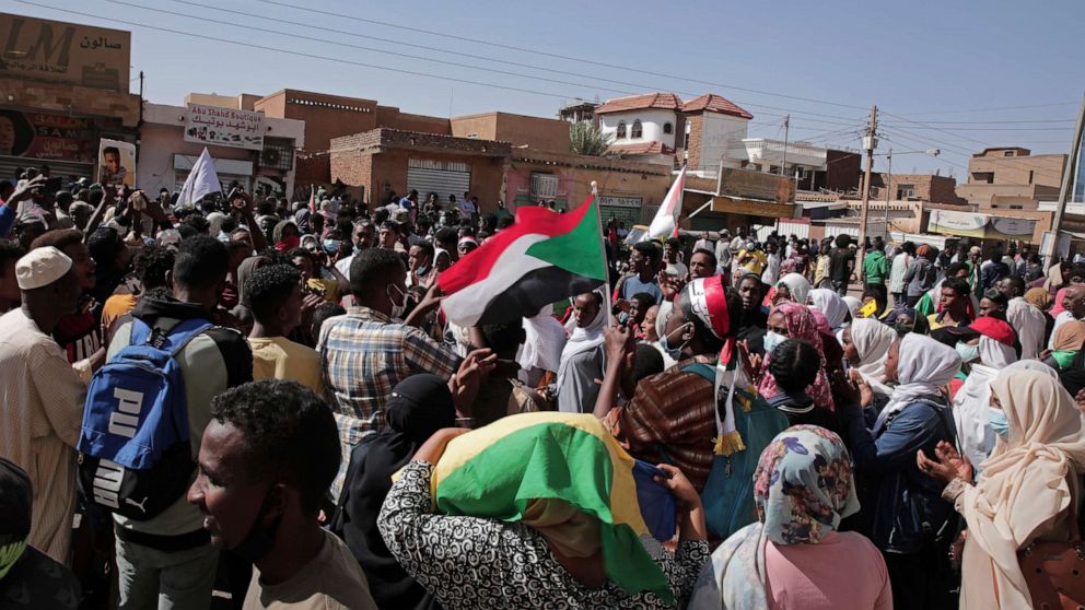 PHOTO: People chant slogans during a protest to denounce the October 2021 military coup, in Khartoum, Sudan, Jan. 4, 2022.