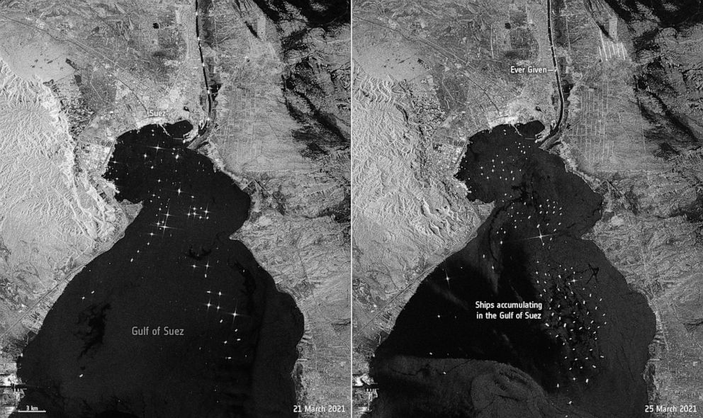 PHOTO: The image on the right, captured on March 25, 2021 from space by the Copernicus Sentinel-1 mission, shows the enormous Ever Given container ship, wedged in Egypt’s Suez Canal, with traffic backing up.