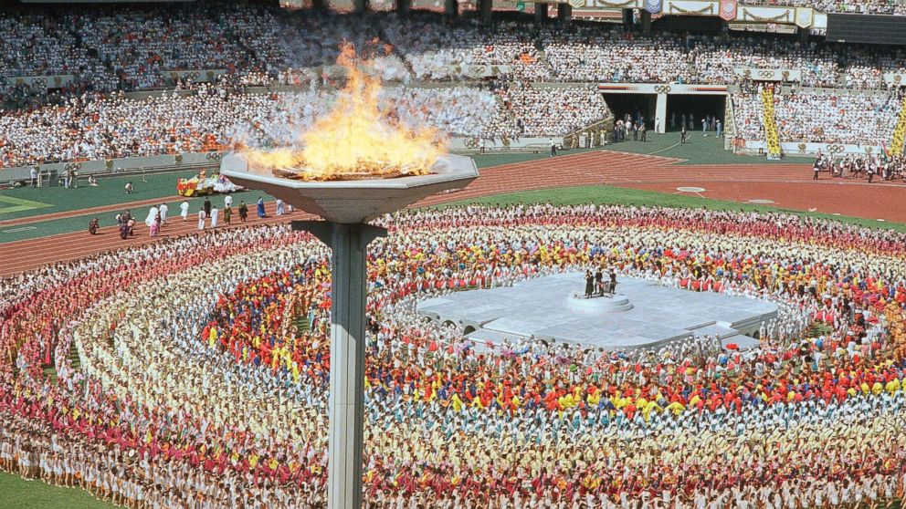 PHOTO: The Olympic torch towers above the Olympic stadium in Seoul, South Korea, Sept. 17, 1988, during the opening ceremonies for the summer Olympic Games.