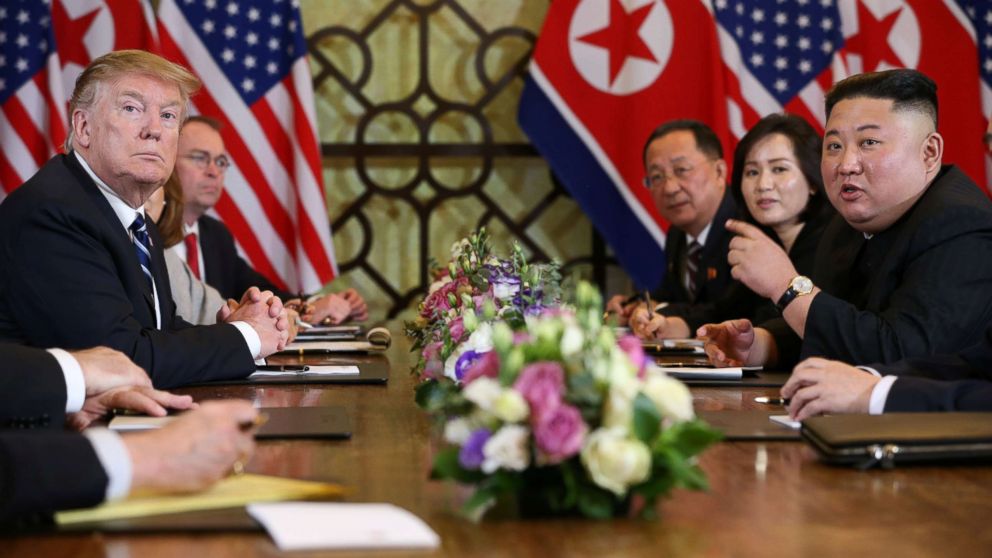 PHOTO: North Korea's leader Kim Jong Un speaks as President Donald Trump looks on during the extended bilateral meeting in the Metropole hotel during the second North Korea-U.S. summit in Hanoi, Vietnam, Feb. 28, 2019.