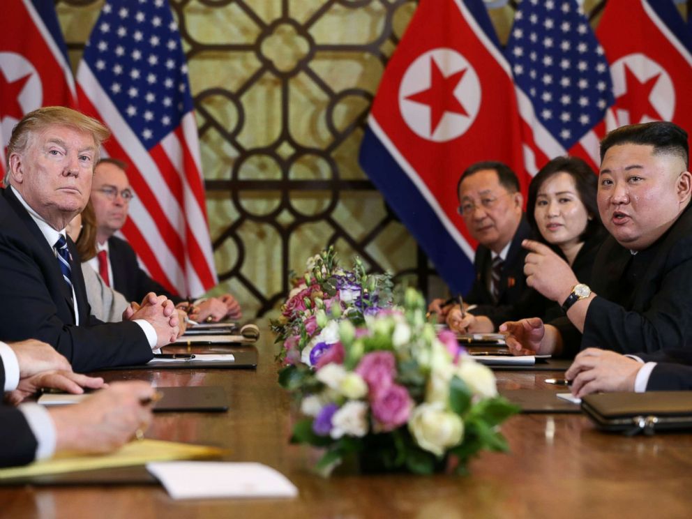 PHOTO: North Koreas leader Kim Jong Un speaks as President Donald Trump looks on during the extended bilateral meeting in the Metropole hotel during the second North Korea-U.S. summit in Hanoi, Vietnam, Feb. 28, 2019.