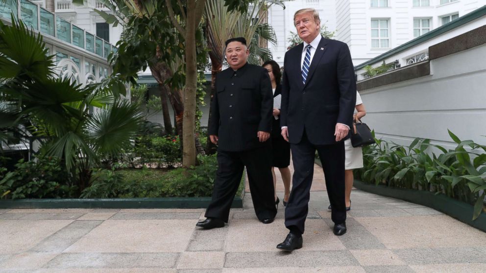 PHOTO: President Donald Trump and North Korea's leader Kim Jong Un walk in the garden at the Metropole hotel during the second North Korea-U.S. summit in Hanoi, Vietnam, Feb. 28, 2019. 